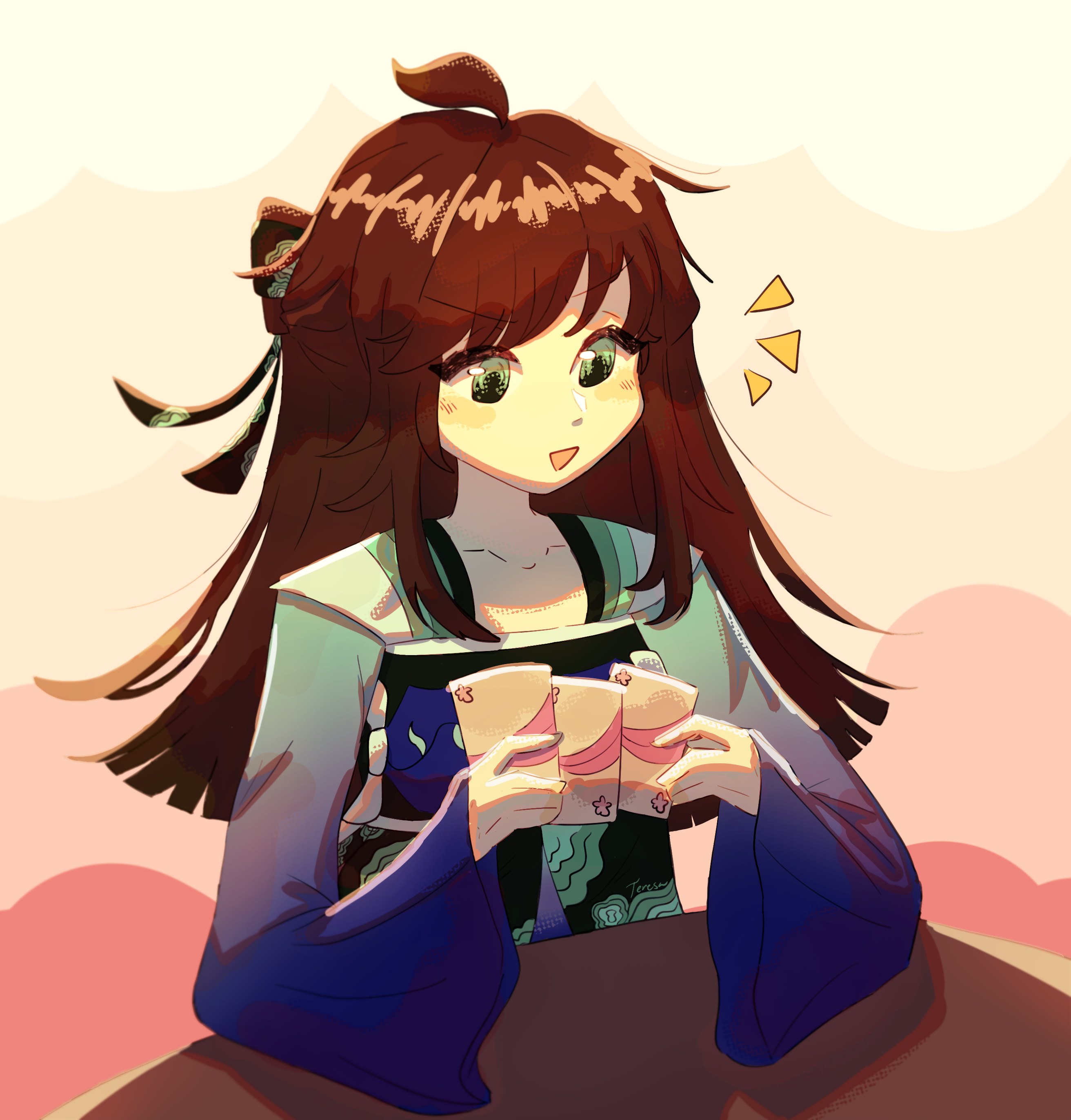 a drawing of an anime girl holding cards while smiling